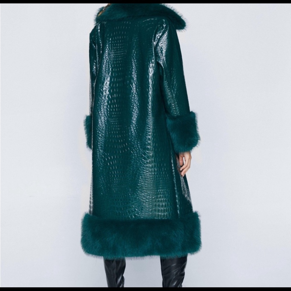 Faux Vinyl Croc Coat With Faux Fur Trim nasty gal NWT